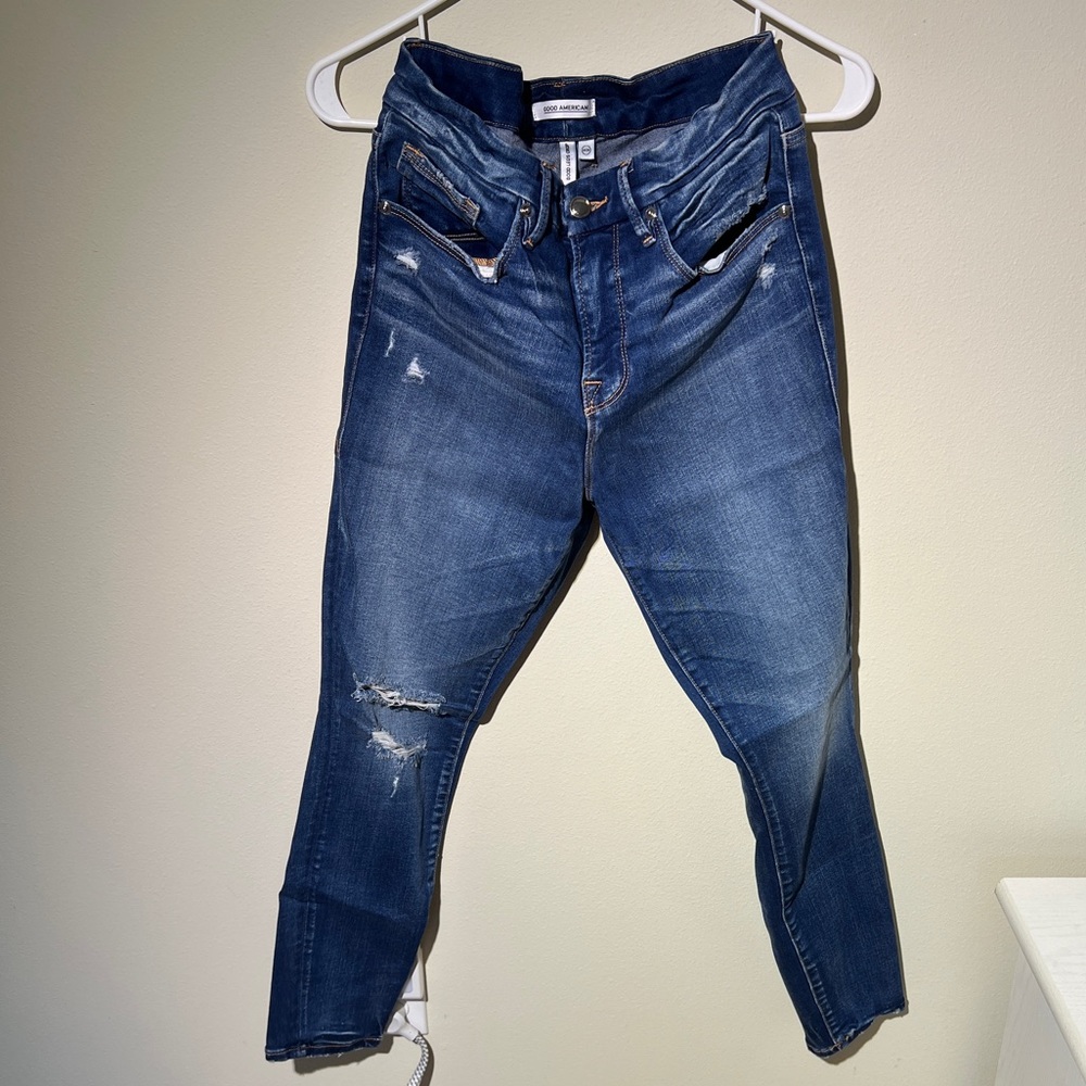 NWOT Good American Good Legs Crop Indigo Distressed Denim Jeans Sz 8